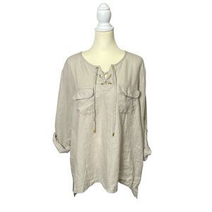 Company Ellen Tracy 100% Linen Beige Tunic Roll Tab Sleeve Blouse Women Size XXL